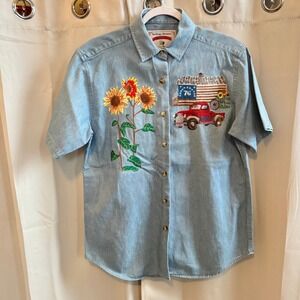 Vtg Red Ridge Mountain Denim Shirt XL Womens Sunflower USA Embroidered 19628